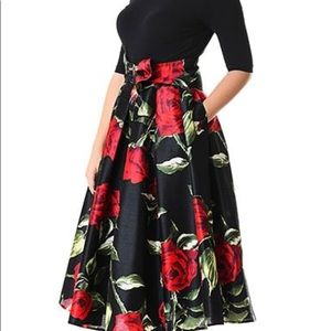 Floral Print Dupioni and Cotton Knit Dress